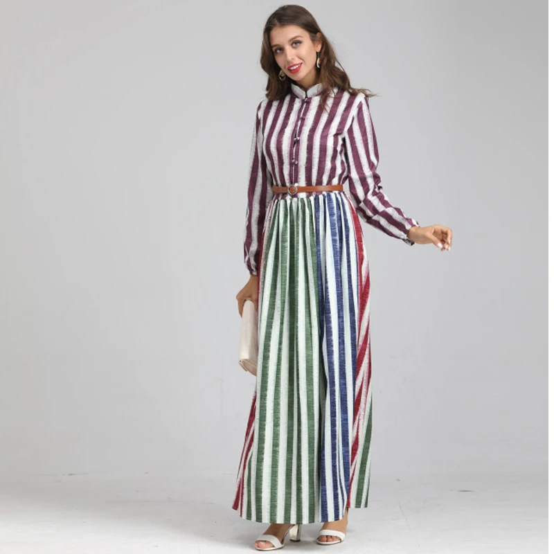 

cotton and linen quality long dresses women runway striped full dress ankle-length new designer dresses oversized