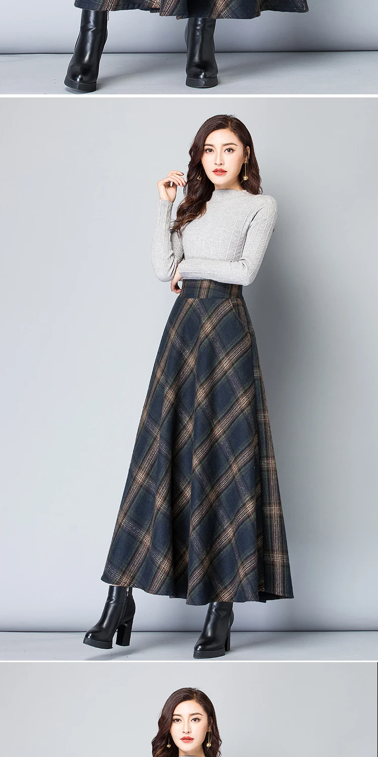 Faldas mujer moda, Длинная женская клетчатая юбка макси, осенне-зимняя женская юбка трапециевидной формы с высокой талией, винтажная шерстяная юбка fw625