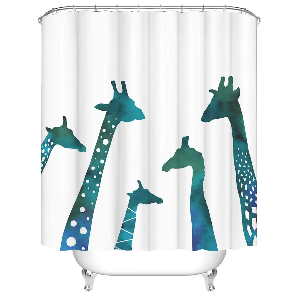 

Animal Fabric Shower Curtain Teal Giraffe Family Silhouette Waterproof Polyester Bathroom Set with Hooks Funny Animal Home Decor