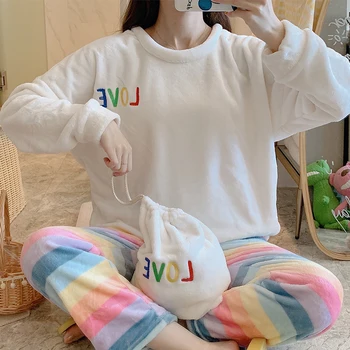 

Women Pajamas Set Women Pyjamas Thick Flannel Cute Rabbit Female Warm Winter Pajama Set Long Sleeve Full Trousers Two Piece 2020