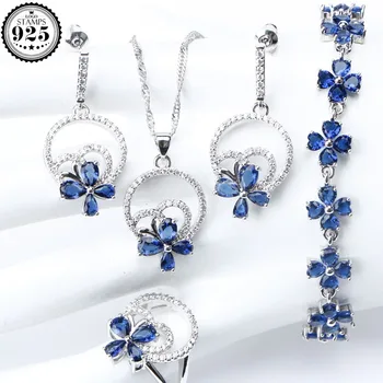 الزفاف الفضة 925 مجوهرات حلي مجموعات مجوهرات النساء الأزرق زركونيا سوار قلادة عصابة قلادة طقم من الحلقان هدية