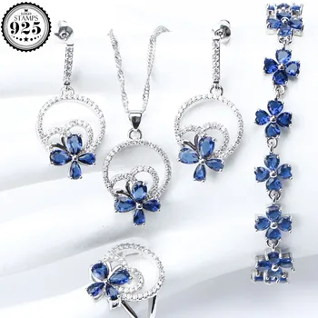 

Wedding Silver 925 Jewellery Costume Jewelry Sets Women Blue Zirconia Bracelet Ring Pendant Necklace Earrings Set Gift Box