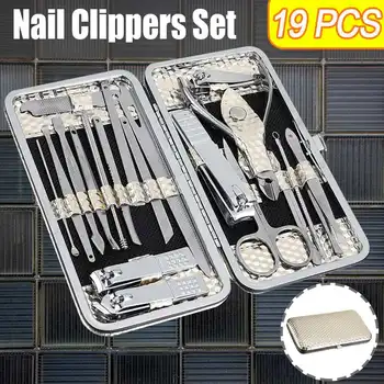 

19 Pcs Manicure/Pedicure Kit Professional Stainless Steel Household Ear Spoon Nail Grinder Trimmer Clipper Cutter With Case