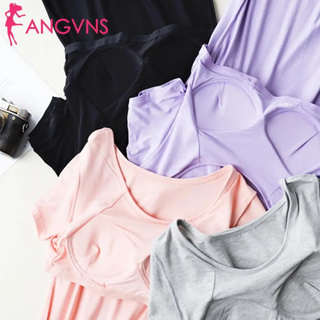 Women Casual Solid O-Neck Short Sleeve Nightdress Summer With Loose Sleep Wear Knee Length Pads Pullover