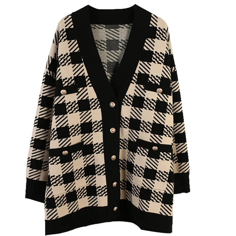 

2019 Autumn New Women's Knit Sweater Contrast Plaid Loose Long Sleeve Long Knit Cardigan Jacket Spot