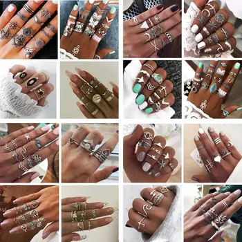 

Fashion Trendy Stunning Leaves butterfly elephant starfish Multi-piece Rings For Women Jewelry Flowers moon Ring Accessories
