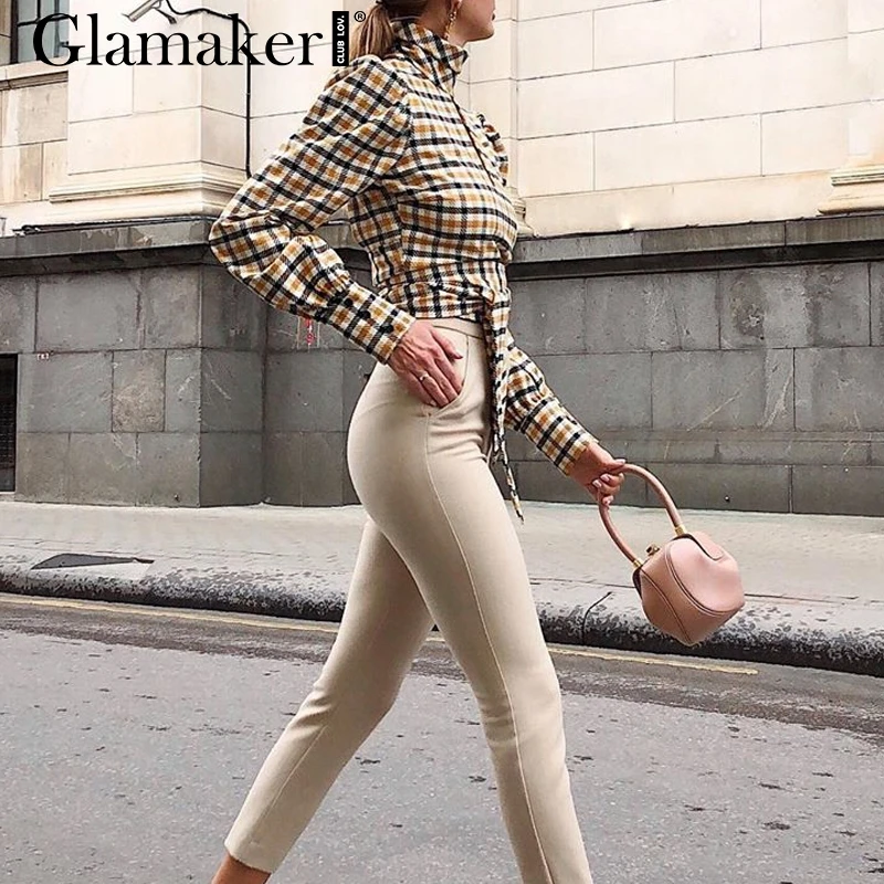 Glamaker/винтажная клетчатая рубашка, короткая женская блузка с открытой спиной и длинными рукавами-фонариками, осенне-зимняя пикантная женская блузка