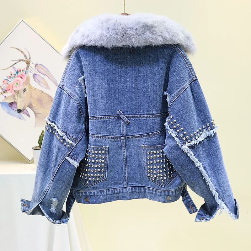 Winter new rivet real rabbit fur liner thick denim jacket female
