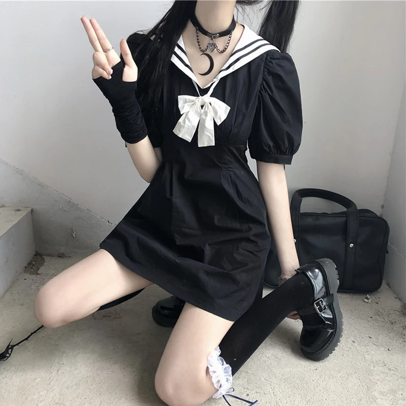 

Japanese College Sailor Collar Puff Sleeve High Waist Slimming Sailor Suit JK Dress Female 2020 Summer japanese school uniform