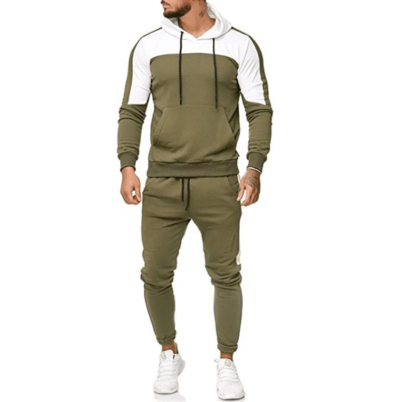 Men Casual Hoodies Set Men's Tracksuit Sweatshirts+Pants Suit Stitching Color Pullover Hooded Sets male Jogger Sports Suits