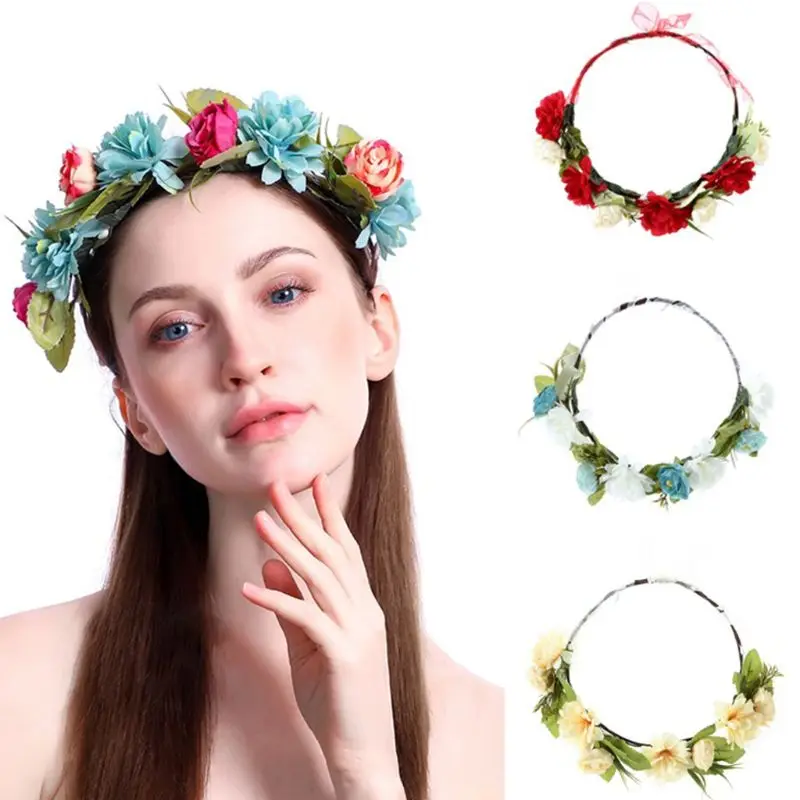 Женская, для девушек, Boho, яркие, имитация розы, лента для волос, свадебная гирлянда, венок, лента, бант, нерегулируемая корона, повязка на голову