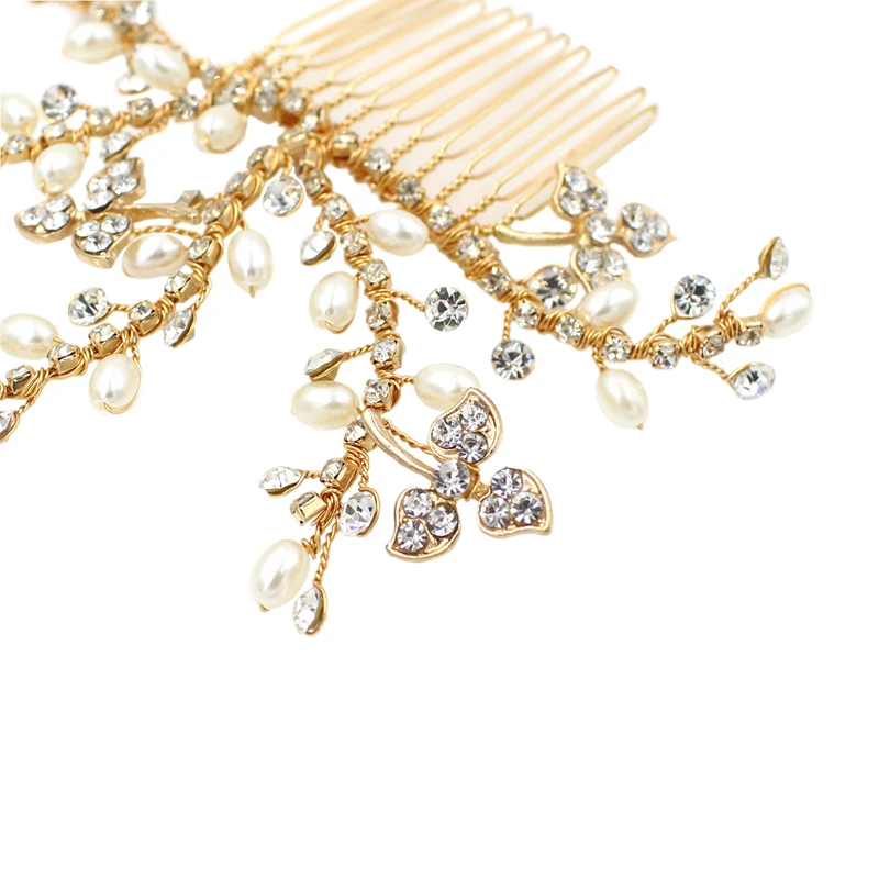 Floralbride Handmade Gold Color Crystal Rhinestone Pearl Flower Wedding Hair Comb Bridal Headdress Hair Accessory Women Jewelry