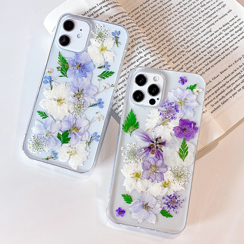 Real Dried Pressed Flower Cases For iPhone 12 Case on iPhone11 Pro XS Max XR SE 2020 7 8 Plus mini Epoxy Phone Funda Back Cover