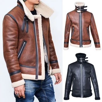 

2019 Winter Men Leather Fur Coat Jacket Slim Faux Leather Motorcycle PU Faur Jacket Long-sleeve Winter Outerwear Coats