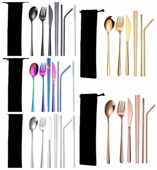 

100sets Portable 7Pcs/Set Stainless Steel Chopsticks Spoon Fork Straws Kitchen Tableware Set 5 color