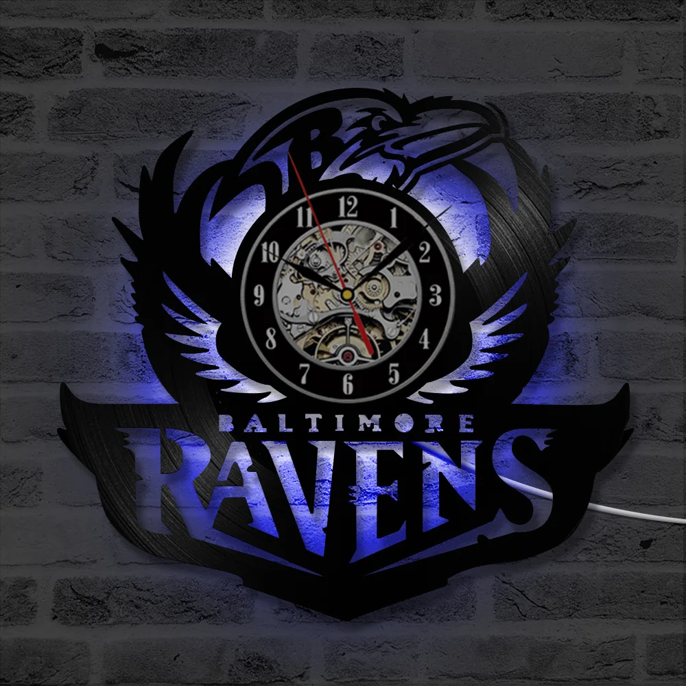 

Vinyl Wall Clock Modern Design Movie Theme Baltimore Ravens 7 Color Change Unique Watch Wall Clocks Home Decor Silent 12 inch