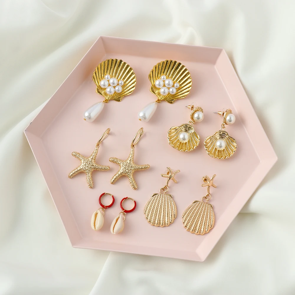 

1 Pair Bohemian Style Fashion Retro Women Gold Starfish Conch Pearl Shell Big Circle Drop Earrings Beach Jewelry Accessories