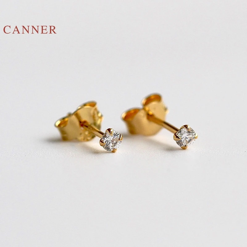 CANNER-Pendientes de plata de ley 925 auténtica para mujer, Mini Pendientes de tuerca de cuatro garras, con diamantes de circonita, joyería de oro coreano, aretes
