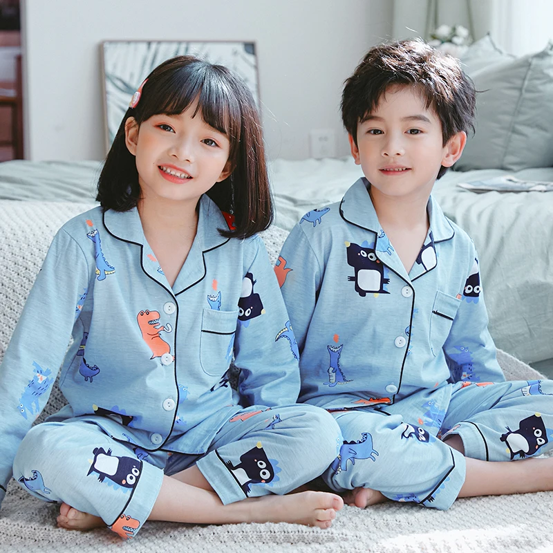 cotton nightgowns 2020 Spring Kids Homewear Long Sleeve Cartoon Pajamas Suit Fashion Printed Girls Sleepwear Cardigan Boys Casual Pyjamas Set custom pajama sets	 Sleepwear & Robes