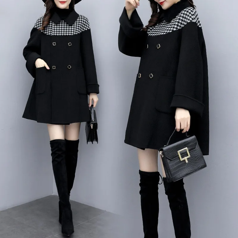 

2019 Autumn And Winter New Style Thousands of Birds Joint Woolen Jacket Mid-length Korean-style Loose-Fit Short-height Woolen Ov