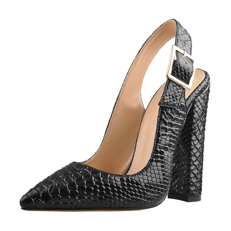 Onlymaker Women Sexy Slingback Pointed Toe Fish Scale 12CM Pumps Ankle Strap Chunky Square Heel Dress Shoes For Summer
