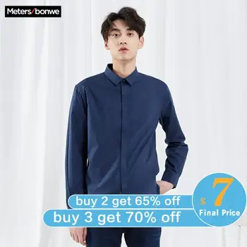 

Metersbonwe Brand Men Casual Shirts Spring Autumn Male Slim Deep Blue Long Sleeve shirts regular Cotton Male Basic tops