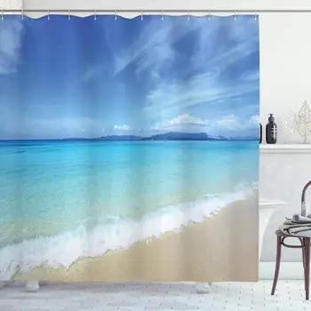 

Ocean Decor Collection, Exotic Beach Scenery with Bright Sky and Clear Sea Water Topical Lands Tranquil Life, Polyester Fabric