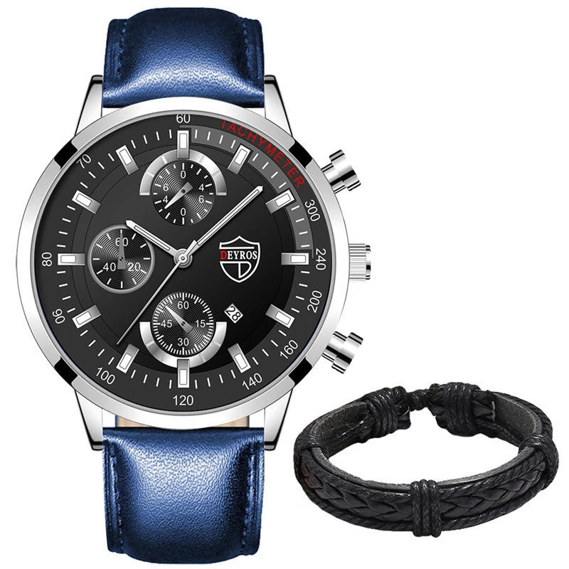 Luxury Mens Leather Watches Stainless Steel Fashion Calendar Quartz Wrist Watch Leather Bracelet Male Business Luminous Clock 