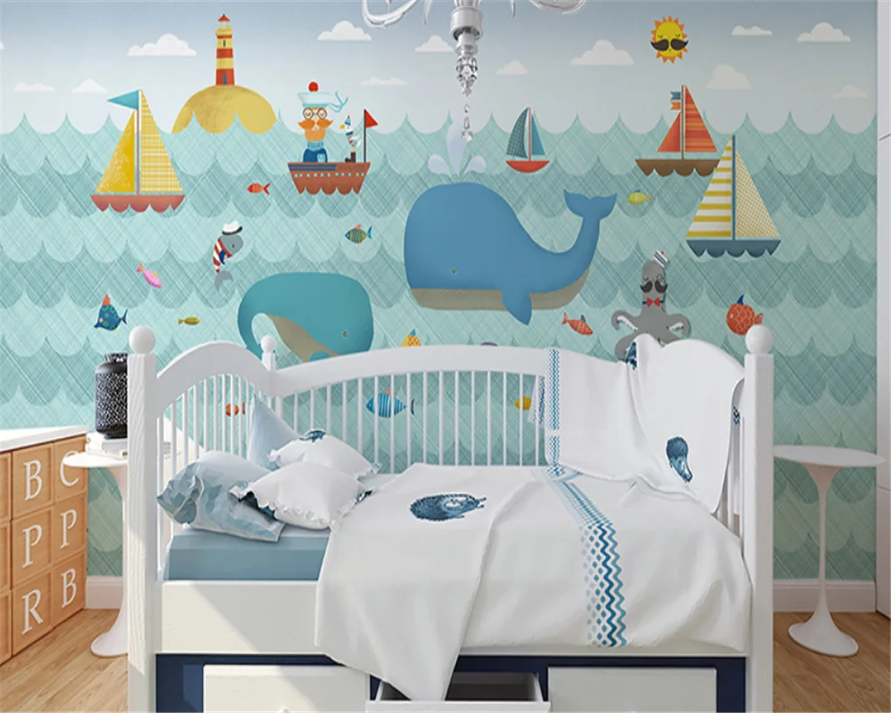 

beibehang Custom modern new hand-painted children's room background dolphin boy girl bedroom wallpaper wall papers home decor