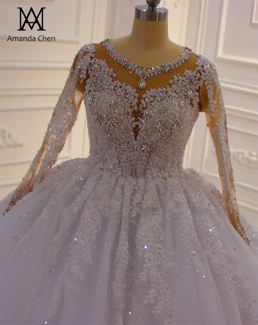 Vestido de novia princesa/кружевное платье с длинными рукавами, аппликация со стразами и кристаллами, белоснежная свадебная одежда