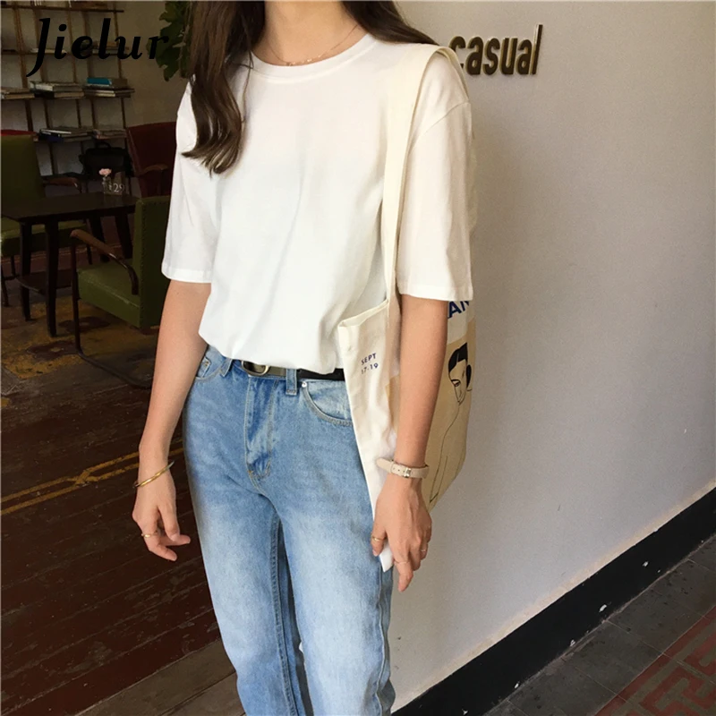 Jielur Tee Shirt Solid Color Basic T Shirt Women Casual O