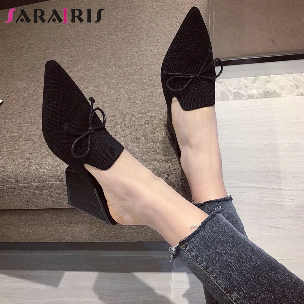 

SARAIRIS Big Size 35-42 New Ladies Party Ol Mules Chunky High Heels Slippers Women Fashion Bowtie Pointed Toe Shoes Woman