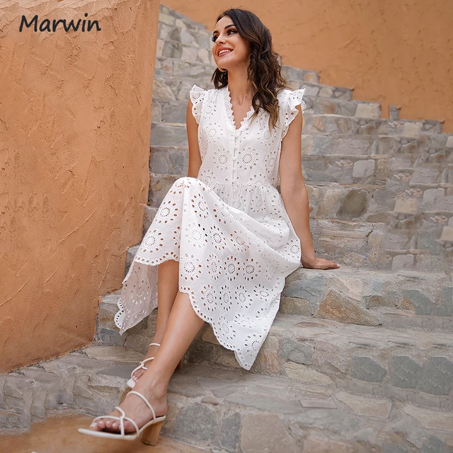 Marwin Long Simple Casual Solid Hollow Out Pure Cotton Holiday Style High Waist Fashion Mid-Calf Summer Dresses NEW Vestidos 5