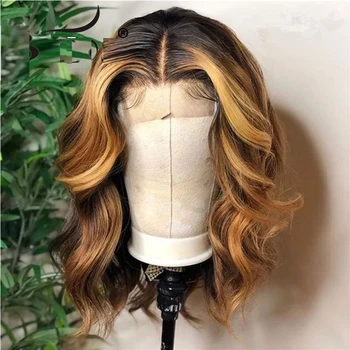 

Ombre Highlight Brwon Body Wave Medium Lenghth Synthetic Lace Front Wigs for Women With Baby Hair Glueless Cosplay Wig