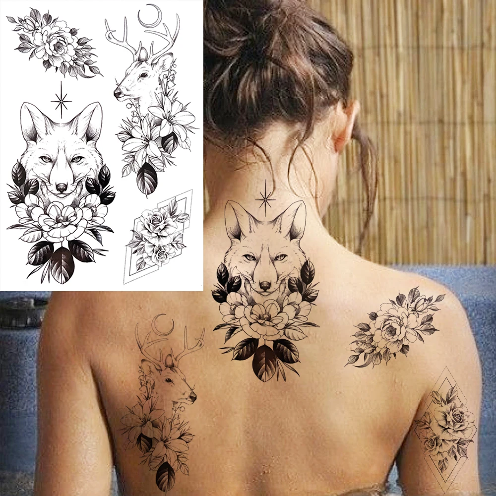 Black Lion Dahlia Temporary Tattoos For Women Adult Realistic Tiger Wolf Reindeer Snake Bird Fake Tattoo Sticker Washable Tatoos