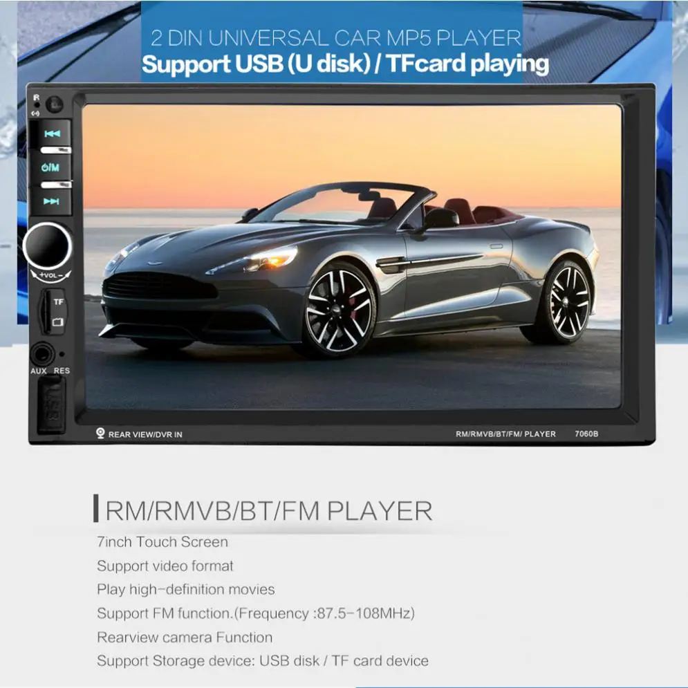 7 дюймов HD сенсорный экран 2 Din Bluetooth аудио стерео FM MP5 плеер Поддержка AUX/USB/TF/телефон с камерой заднего вида