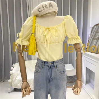 

Crop Tops Streetwear O-Neck Puff Sleeve Polera Manga Corta Mujer Designer Blouses Tops Vintage Blusas Women Summer Sexy