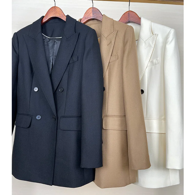 High-end Suit Jacket Autumn 100% Wool Horn Buckle White Small Suit 2023 Winter Black Double-Breasted Slim Commuter Classic