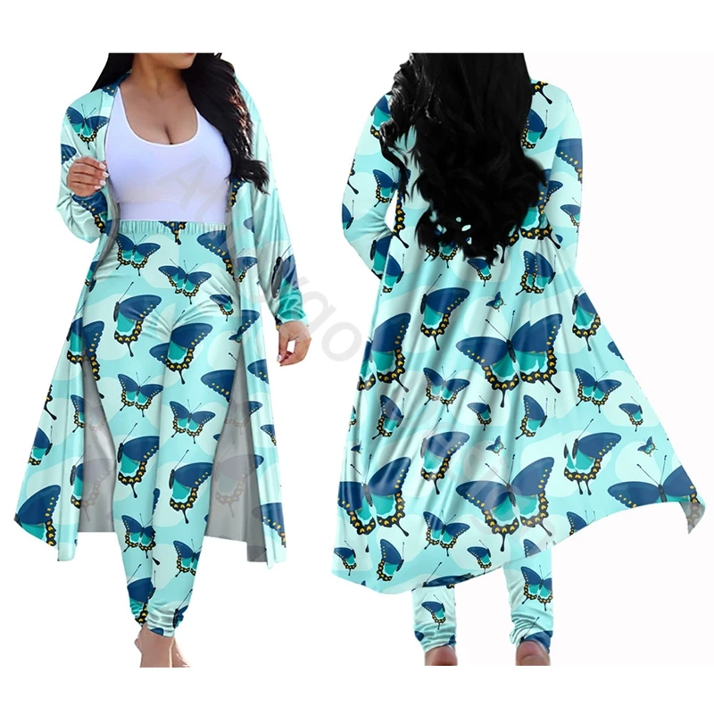 

Butterflies Print Women Two Piece Set Outfits Plus Size 4XL Long Cardigan Slim Leggings Fashion Spirng Autumn Club Clothes