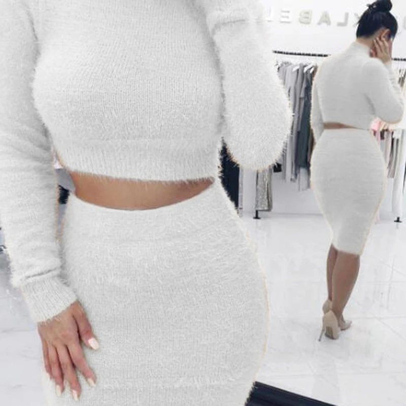 

Winter Soft Warm Knitted Turtleneck 2 Pieces Set Casual Full Sleeve Sweater Skirt Female Sweater Suits Set Two Piece Set Women