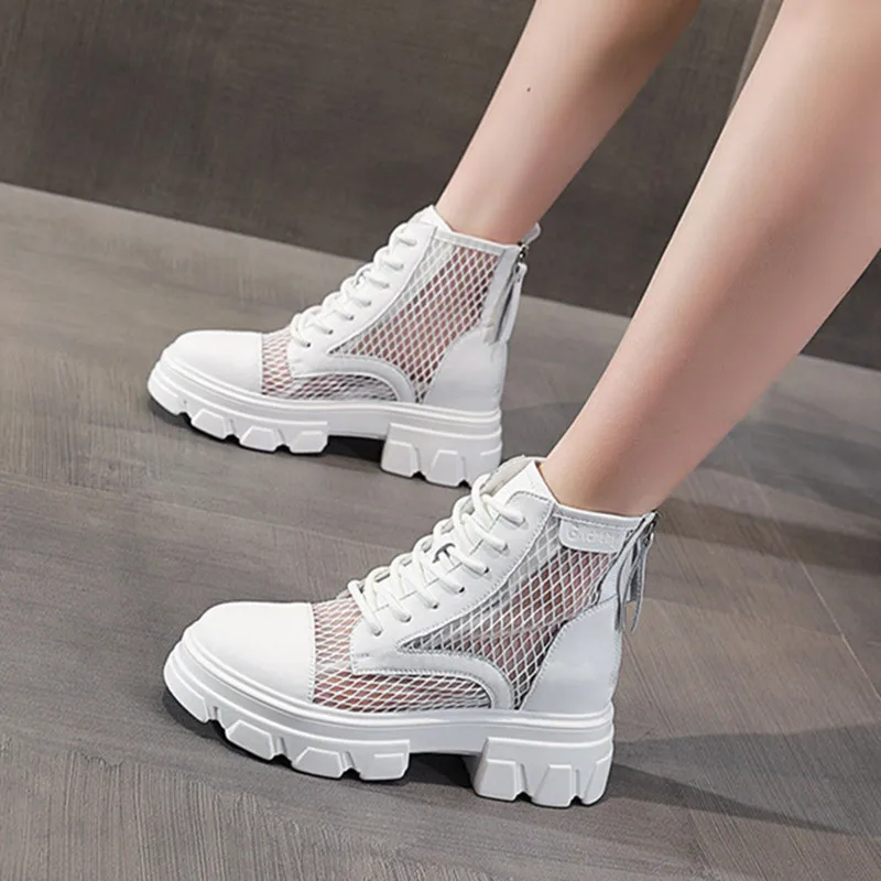 

Classic Women 2021 Thick Bottom Black Mesh Summer Boots Round Toe Zipper Lace Up Platform Shoes Woman High Heels Ankle Botas
