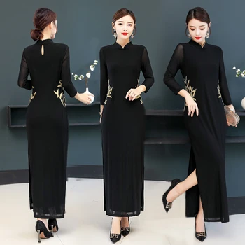 

2020 Spring Autumn New Stand-up Collar Cheongsam Embroidery Temperament Long Mesh Long Sleeve Split Dress Women Black Plus Size