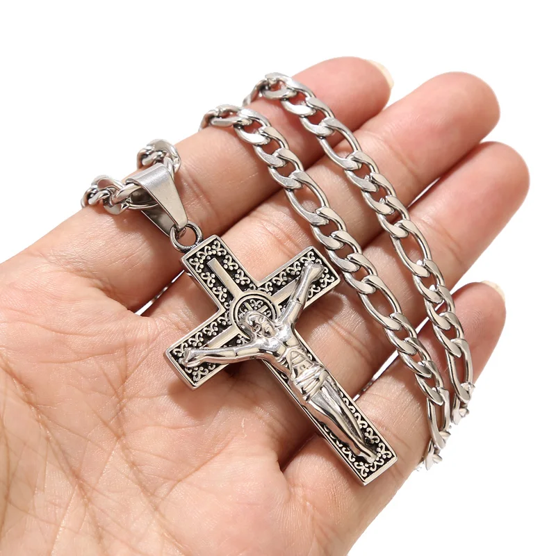 

New Arrival Stainless Steel Crucifix Jesus Cross Necklace Pendants Necklaces 3:1 Fiagro Chain 24'' For Men Jewelry Findings