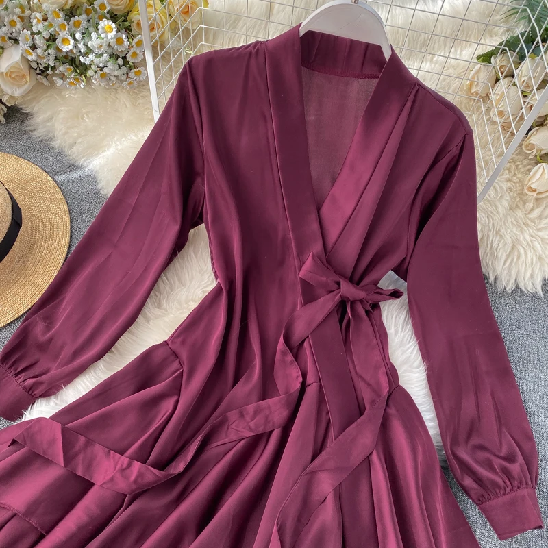 HISUMA spring autumn new women deep v-neck long sleeve lace-up satin irregular fairy dress female v collar elegant puff dresses