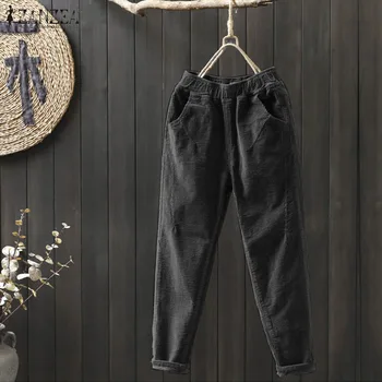 

Casual Harem Pants ZANZEA Women Solid Work Long Pantalon Spring Vintage High Elastic Loose Corduroy Pants Female Turnip Trousers