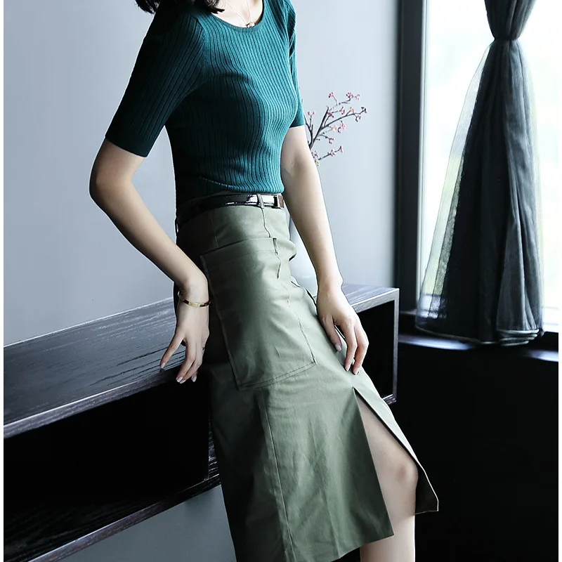 

2019 Autumn New Style WOMEN'S Dress-Style Knitted Short-sleeved Shirt Slim Fit Step Skirt Two-Piece Set
