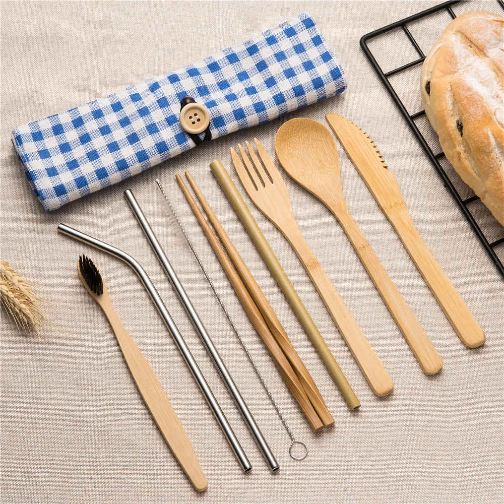 

Portable Tableware Wooden Cutlery Sets with Useful Spoon Fork Chopsticks Travel Cutlery Gift Dinnerware Suit with Cloth Bag