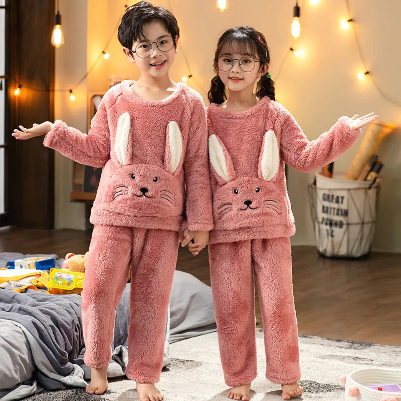 Plush Winter Children Fleece Pajamas Warm Flannel Sleepwear Girls Loungewear Coral rabbit Kids