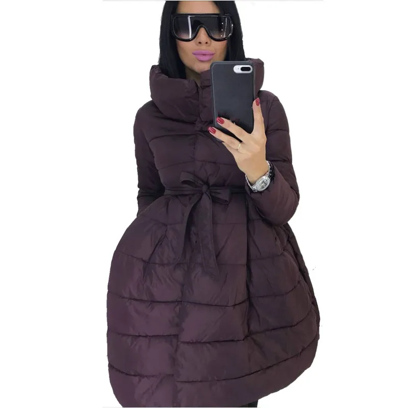 Kopen Winter Jas Vrouwen Rok Parka Mode Strik Taille Medium Lange Stand Kraag Katoen Gevoerde Warme Jas Chaqueta Mujer Invierno