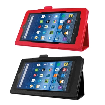 

2 Pcs Folio Flip Leather Magnetic Smart Cover Case Stand for Amazon Fire 7, Red & Black